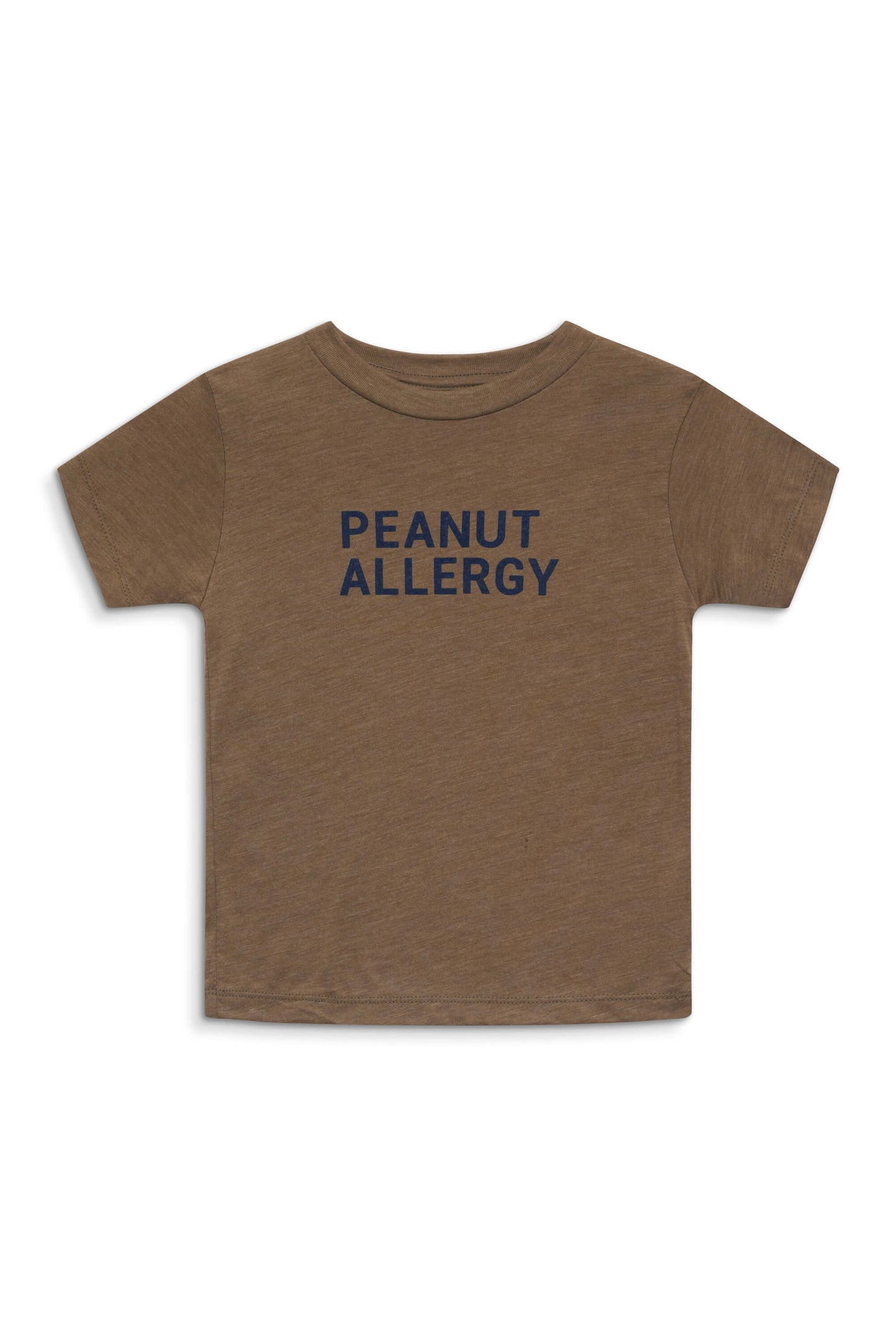 olive toddler t-shirt with navy peanut allergy text