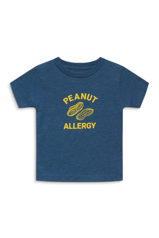 teal kids t-shirt with yellow peanut graphic and peanut allergy text